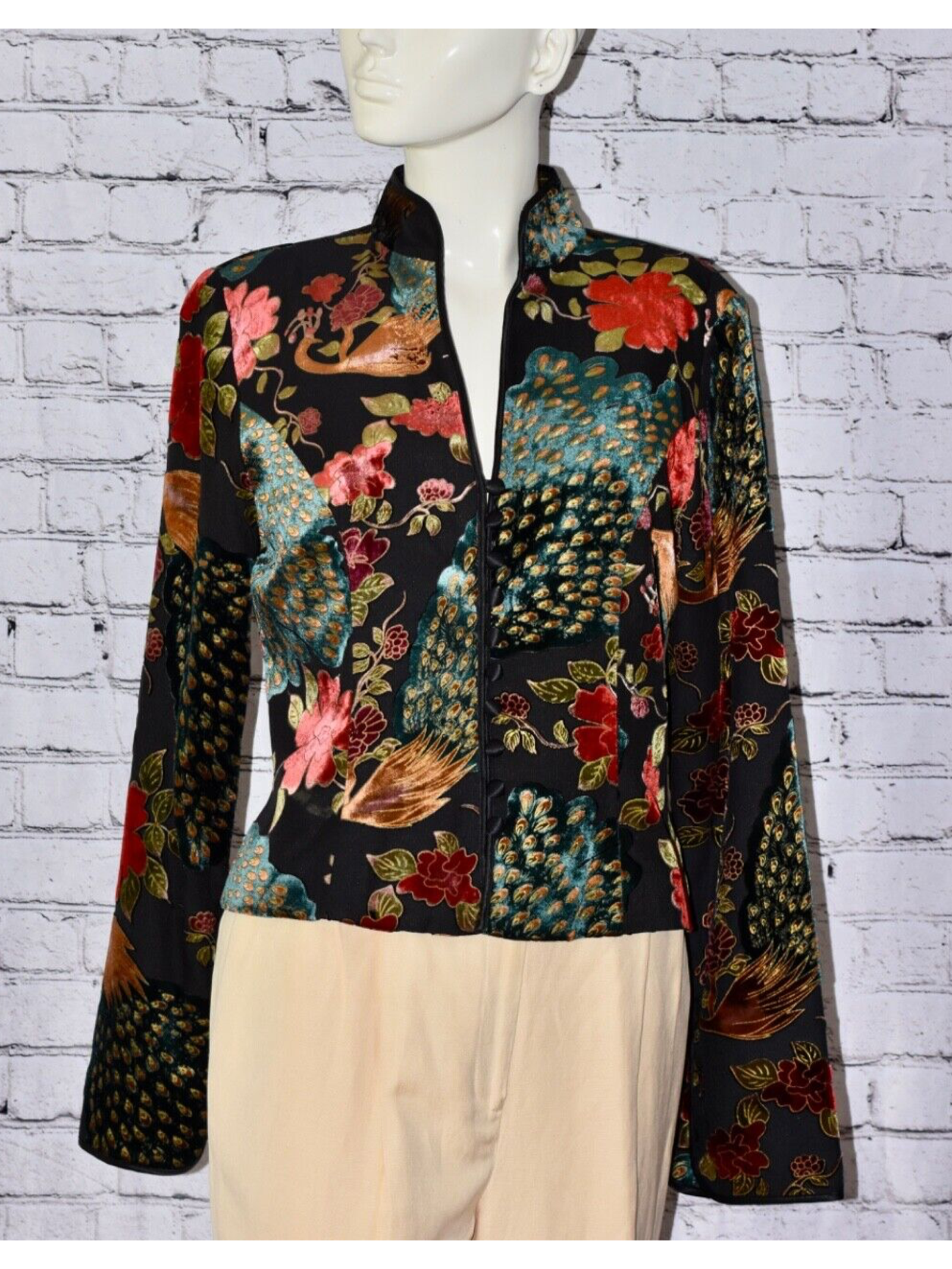 Js Collections Velvet Burnout Peacock Floral Asian Brocade Jacket Size 8